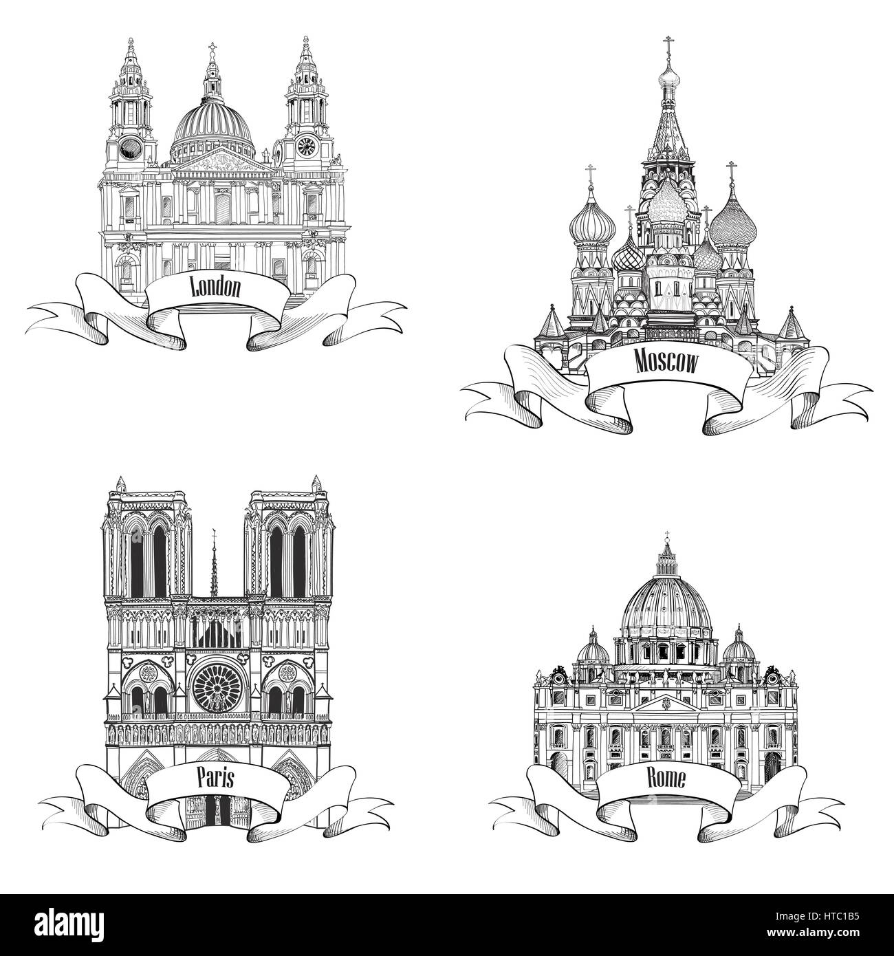 Billet d'europe vector set. célèbre collection repères européens. ville symboles : paris (notre dame), Londres (St paul cathédrale), Rome (St Pete. Illustration de Vecteur