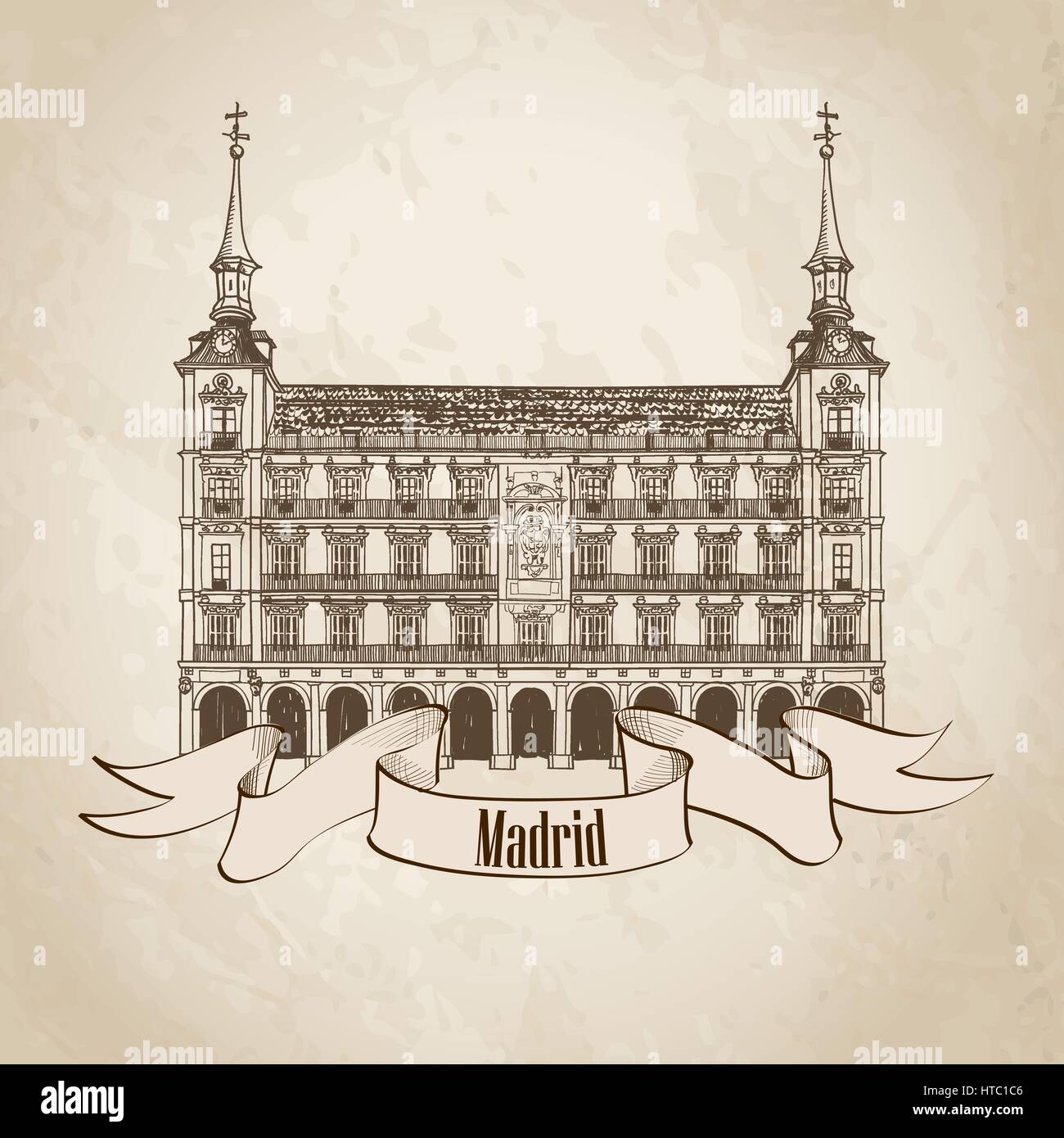 Madrid vue étiquette . espagne symbole. Madrid, chambre de Phillip iii sur la plaza mayor, sketch collection Illustration de Vecteur