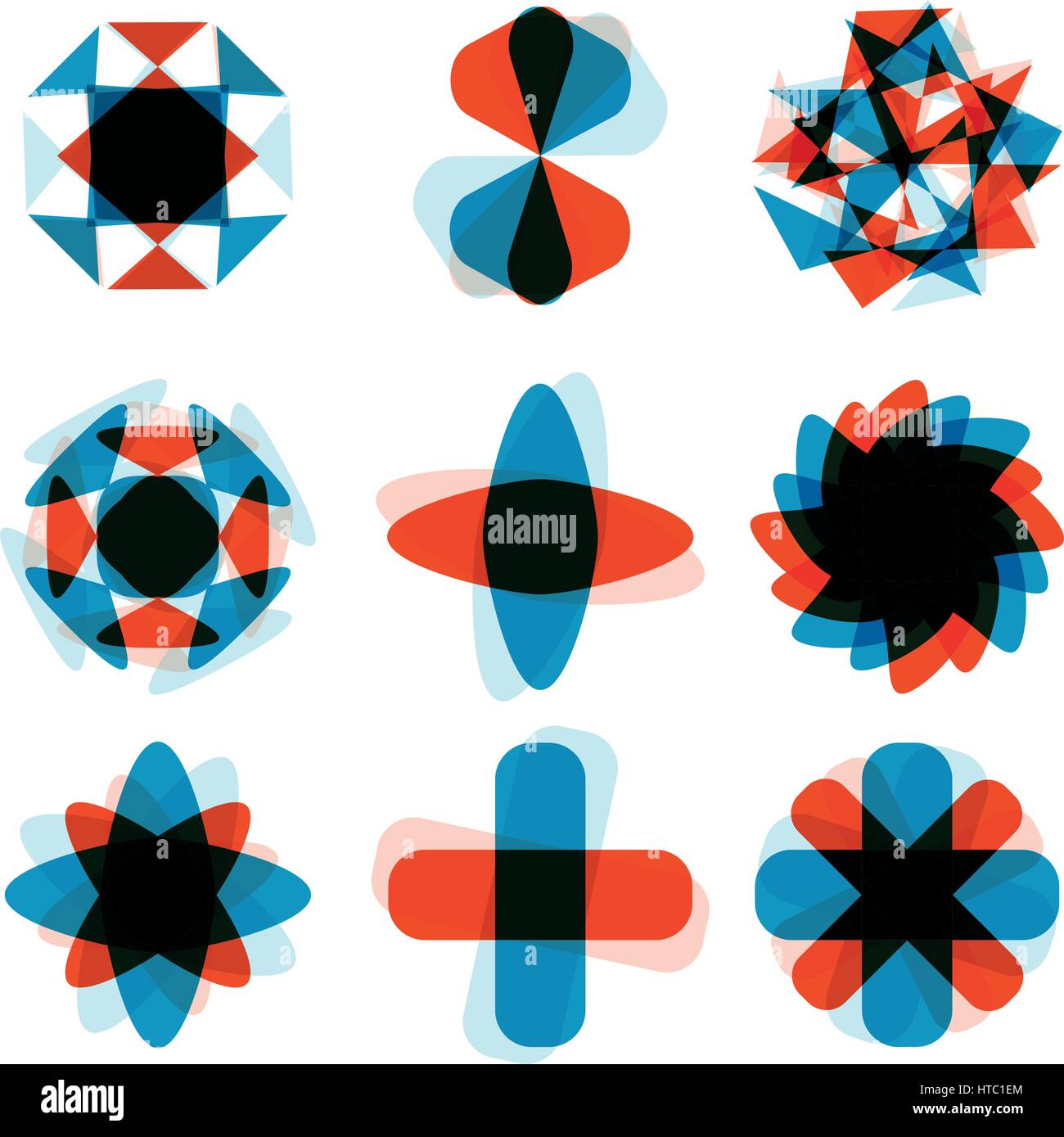 Formes abstraites de l'élément de conception de logo. Concassage bleu et rouge, rectangle arrondi. Croix colorées icons set. Illustration de Vecteur