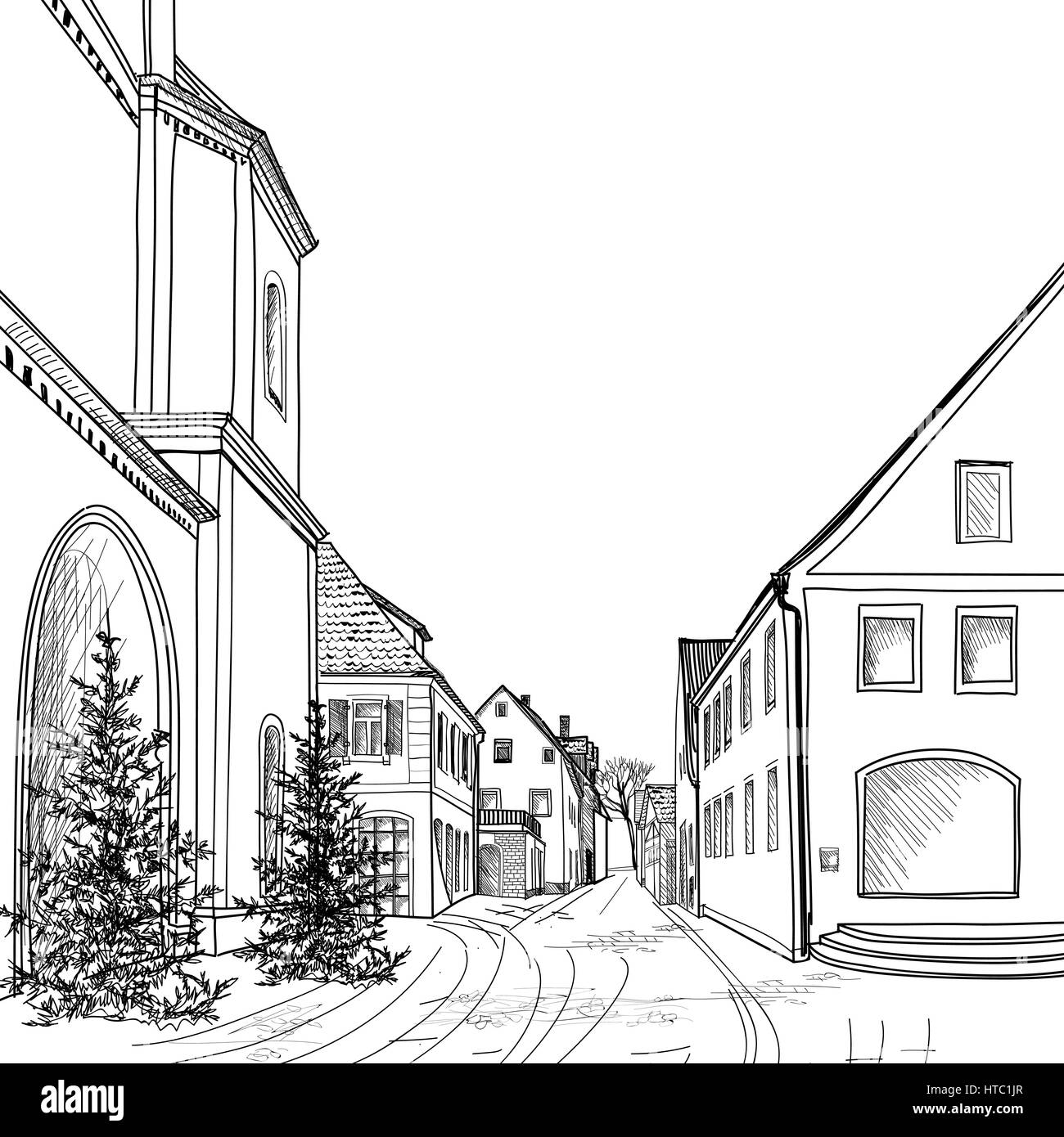 Café de la rue. Vue sur la vieille ville.'cityscape : House, bâtiment, arbre. Illustration de Vecteur