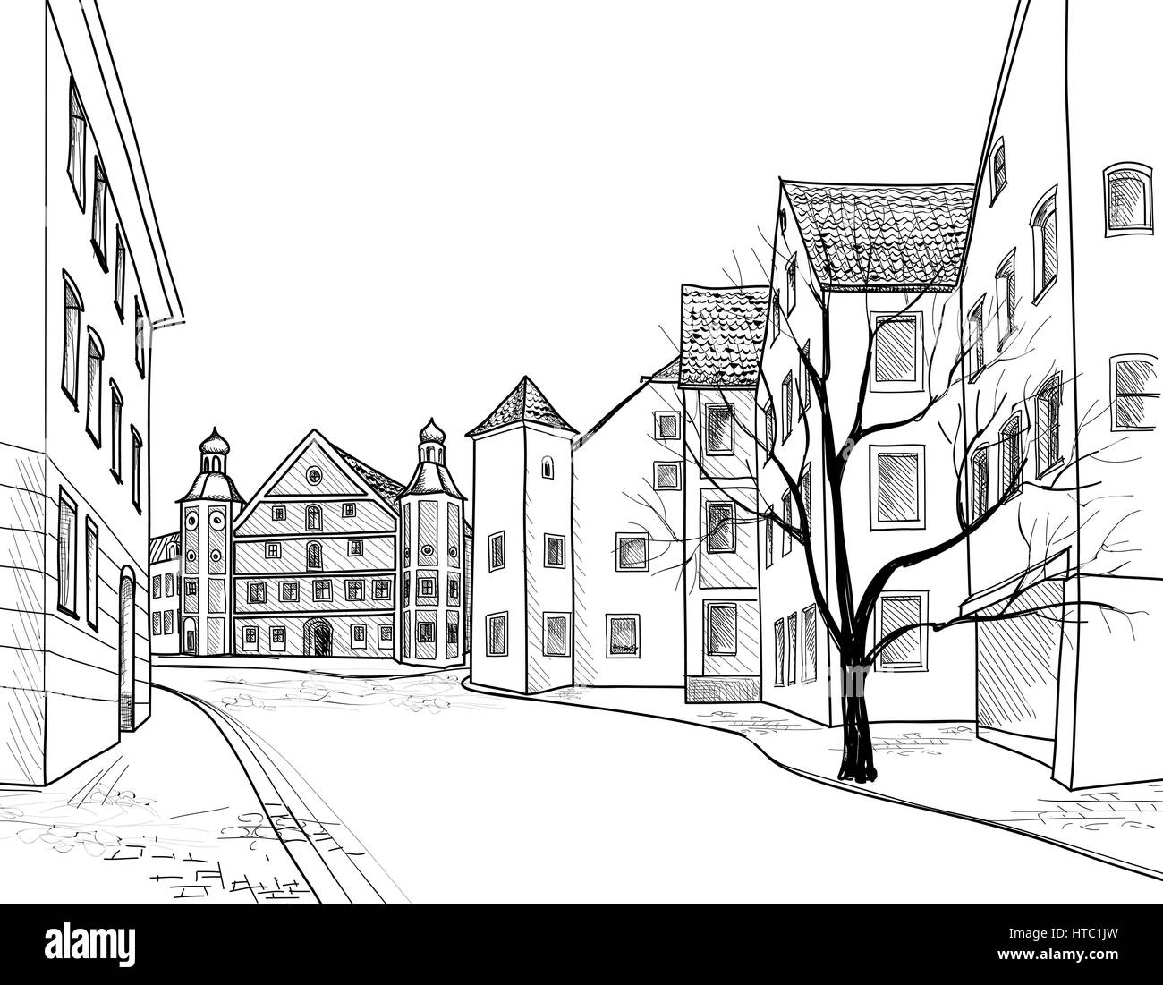 Café de la rue. Vue sur la vieille ville.'cityscape : House, bâtiment, arbre. Illustration de Vecteur