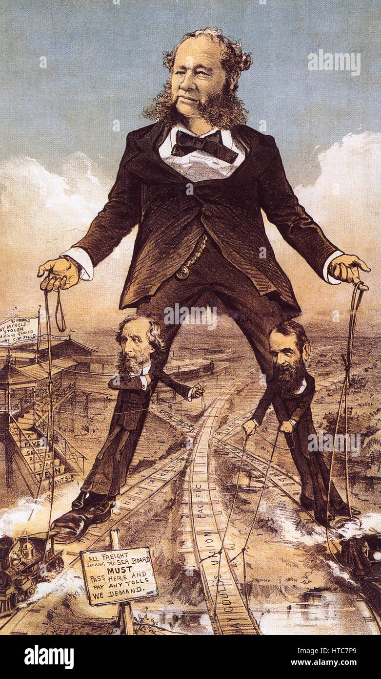 WILLIAM H. VANDERBILT (1821-1885) American Railroad Tycoon est parodié comme le 'Modern Colosse de (Rail) Les routes' dans cette caricature de Puck Magazine Décembre 1879 avec à gauche Cyrus West Field et Jay Gould Banque D'Images