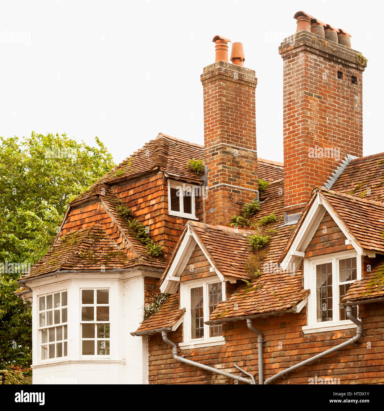 Grand old ligne de pavillon. Un grand old compliqué la ligne de toit avec fenêtres masquées et solide faite de vieilles cheminées en briques rouges de la région des Midlands d'Angleterre. Banque D'Images
