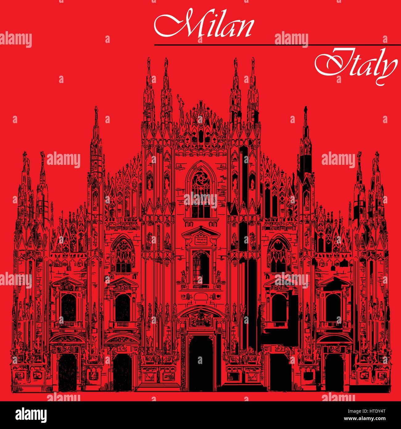 La cathédrale de Milan célèbre en couleur noir sur la piazza à Milan, Italie. Illustration graphique de dessin à la main. Vector isolé sur un fond rouge. Illustration de Vecteur
