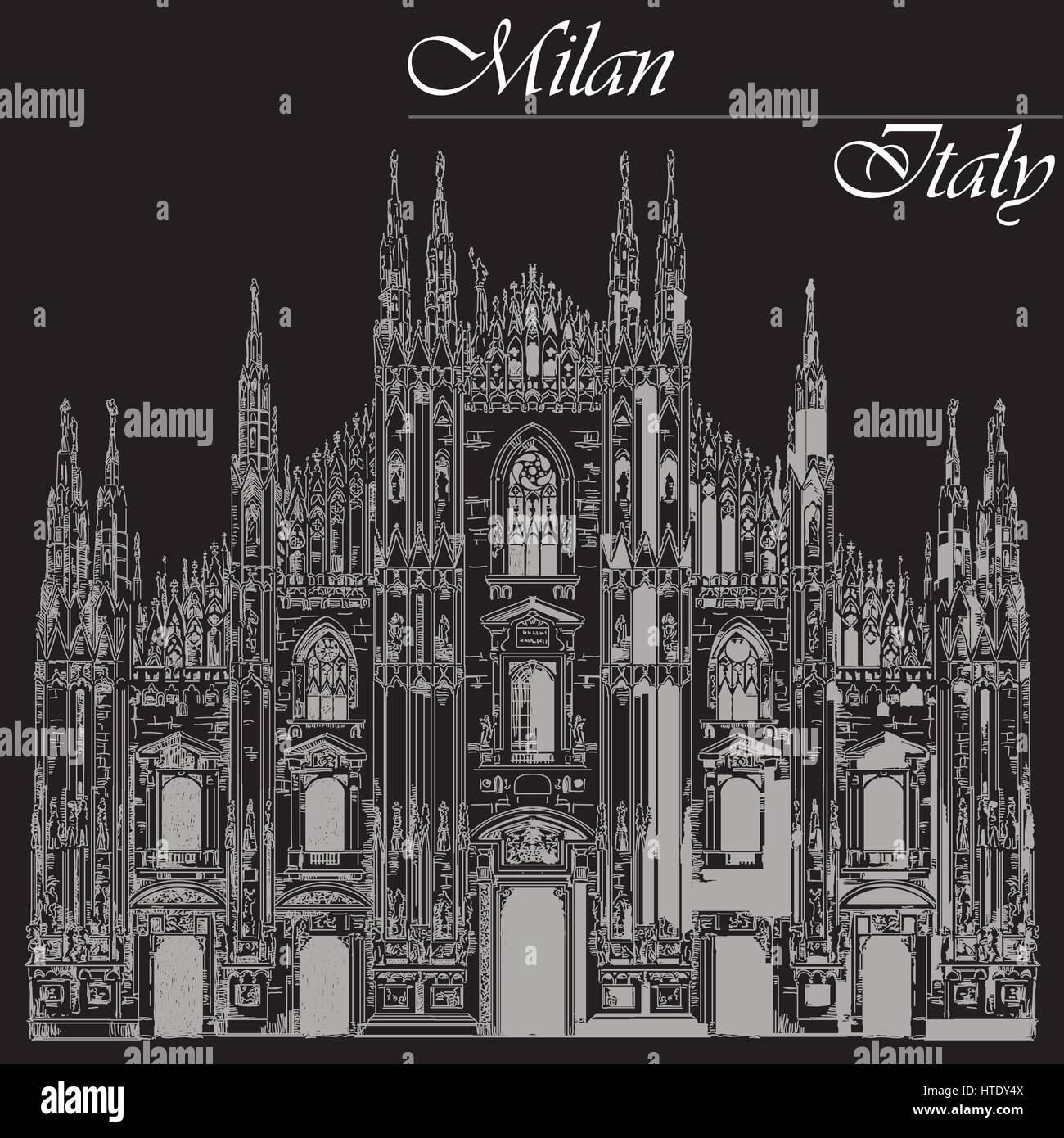 La cathédrale de Milan célèbre sur la piazza à Milan, Italie. Illustration graphique de dessin à la main. Vector isolé sur un fond noir. Illustration de Vecteur