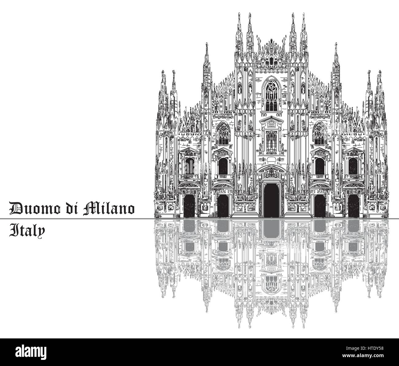 La cathédrale de Milan célèbre avec ombre sur la piazza à Milan, Italie. Illustration graphique de dessin à la main. Vector isolé sur un fond noir. Illustration de Vecteur