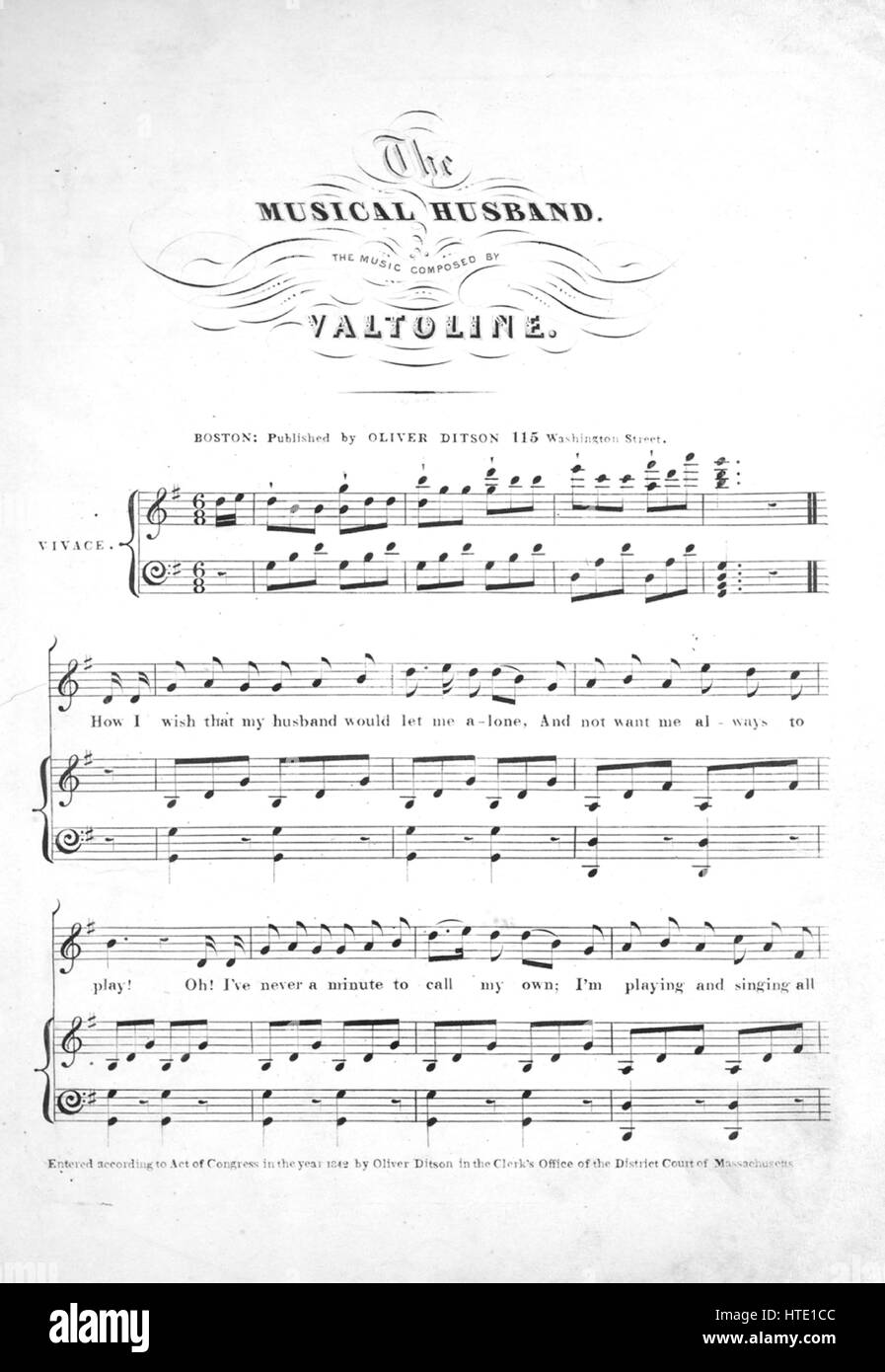 Sheet Music image de couverture de la chanson 'La encore de Mari', avec notes de lecture auteur original 'la musique composée par Valtoline', United States, 1842. L'éditeur est répertorié comme 'Oliver Ditson, 115 Washington Street', la forme de la composition est "avec chœur trophique', l'instrumentation est 'piano et voix", la première ligne se lit "Comme je voudrais que mon mari se laisse-moi, et pas de moi, toujours à jouer !', et l'illustration artiste est répertorié comme 'Aucun'. Banque D'Images