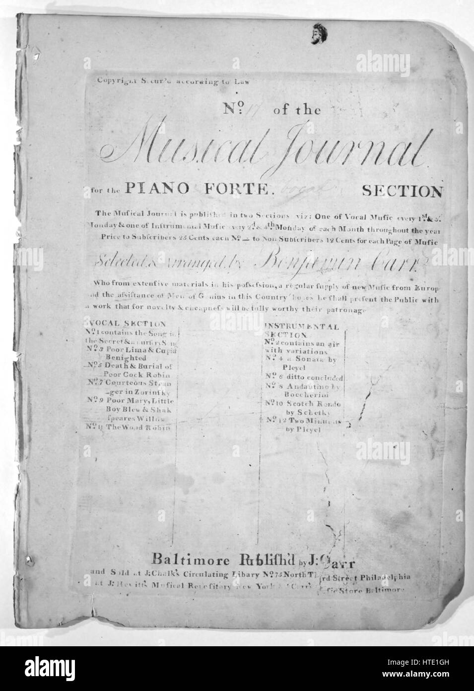 Sheet Music image de couverture de la chanson '(1) d'un décalage de Gipsey [sic] ; (2) Le pêcheur à titre de la série n° 17 de la revue musicale pour le piano-forte Section Vocal', avec une œuvre originale lecture notes '(1) Composé par J Percy Mots par P Pindare ; (2) de l'Allemand de Goethe composée par Reichardt', United States, 1900. L'éditeur est répertorié comme "J. Carr', la forme de composition trophique', 'est l'instrumentation est 'piano et voix", la première ligne se lit '(1) une baguette'ring Gipsey Sir suis-je des Norwood ; (2) dans les tourbillons de glouglou roll'd la marée le pêcheur rusé sam', et l'illustration artiste est li Banque D'Images