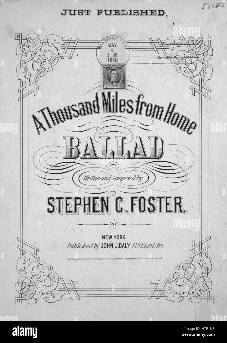 Sheet Music image de couverture de la chanson 'un millier de miles de la  maison ballade [1 100 Stephen Foster timbre apposé sur notre couverture]',  avec l'auteur original "Lecture notes écrites et