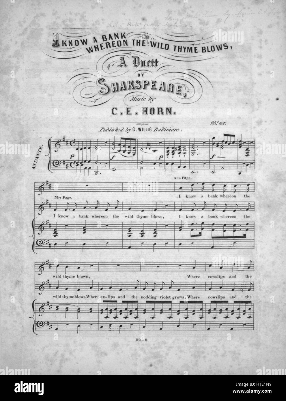 Sheet Music image de couverture de la chanson 'Je sais qu'une banque où le thym sauvage souffle une Duett', avec l'auteur original "Lecture notes par [William Shakespeare] Music by CE Cowboy', United States, 1900. L'éditeur est répertorié comme "G. Willig', la forme de composition est 'sectional', l'instrumentation est 'piano et voix", la première ligne se lit "je sais une banque sur lequel le thym sauvage, où souffle le oxlips et pousse violet', et l'illustration artiste est répertorié comme "Gillingham'. Banque D'Images