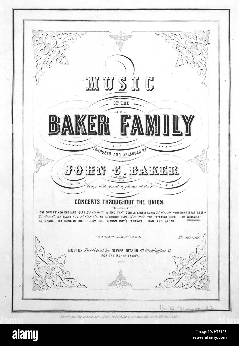 Sheet Music image de couverture de la chanson 'Musique de la famille Baker Le Wooneac Serenade', avec l'auteur original "Lecture notes composé et arrangé par John C Baker de l''' des boulangers, United States, 1845. L'éditeur est répertorié comme 'Oliver Ditson, 115 Washington St.', la forme de composition trophique', 'est l'instrumentation est 'piano et voix (quartet)', la première ligne se lit "J'ai été dans le pays où les fleurs sont en fleurs', et l'illustration artiste est répertorié comme 'Aucun'. Banque D'Images