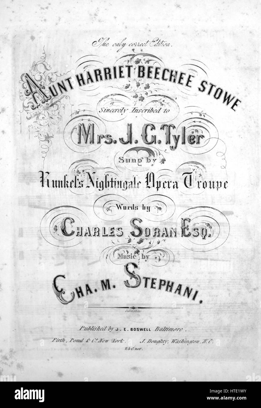 Sheet Music image de couverture de la chanson 'Tante Harriet Stowe Becha La seule bonne Edition', avec l'auteur original "Lecture notes Mots par Charles Soran, Esq Music by Cha M Stephani', United States, 1900. L'éditeur est répertorié comme 'J.E. Boswell', la forme de la composition est "avec chœur trophique', l'instrumentation est 'piano et voix", la première ligne se lit "Je suis allé à New York City, il y a un mois ou deux", et l'illustration artiste est répertorié comme 'Aucun'. Banque D'Images