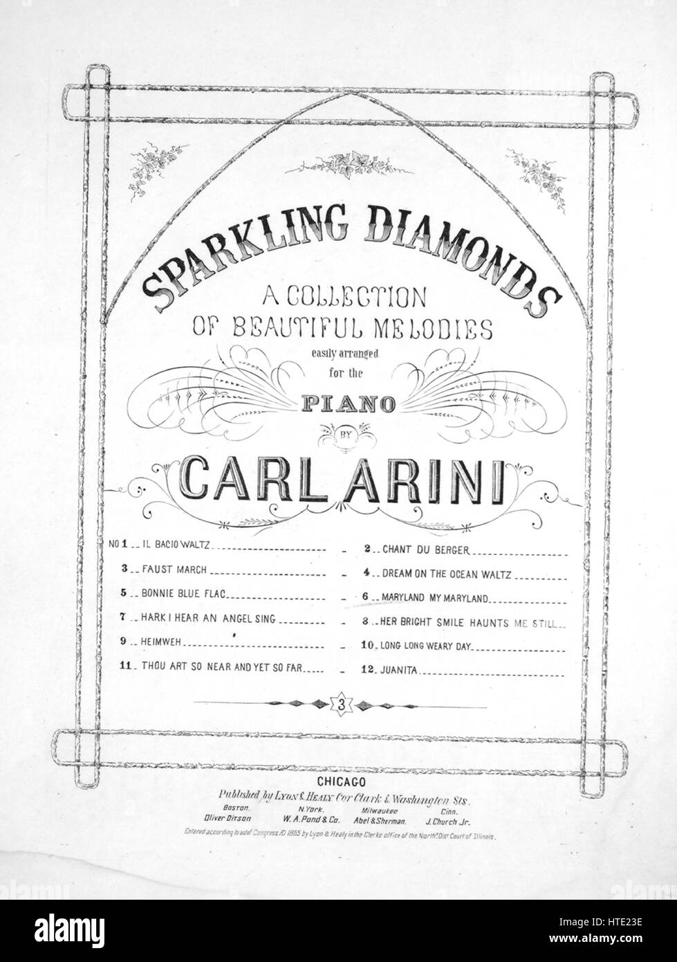 Image de couverture partitions de la chanson 'SDiamants mousseux une collection de belles mélodies Maryland Maryland mon', avec l'auteur original "Lecture notes facilement organisées pour le piano par Carl Arnini', United States, 1865. L'éditeur est répertorié comme "Lyon et Healy, Cor. Clark et Washington St.', la forme de la composition est "par-composées', l'instrumentation est 'piano', la première ligne se lit 'Aucun', et l'illustration artiste est répertorié comme 'Aucun'. Banque D'Images