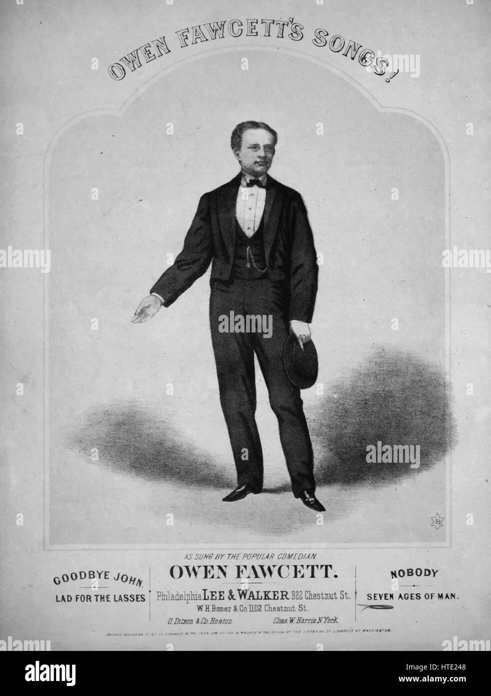 Sheet Music image de couverture de la chanson 'Owen Fawcett's chansons ! Sept âges de l'homme', avec une œuvre originale lecture notes '[Owen Fawcett ?]', United States, 1870. L'éditeur est répertorié comme 'Lee et Walker, 922 Chestnut St.', la forme de la composition est "avec chœur trophique', l'instrumentation est 'piano et voix", la première ligne se lit "Notre poète immortel's page dit que tous le monde est une scène", et l'illustration artiste est répertorié comme 'Aucun'. Banque D'Images
