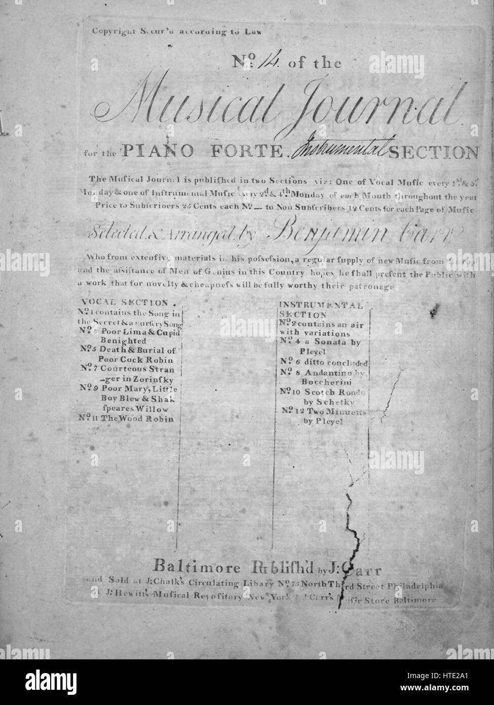 Image de couverture partitions de la chanson 'Six Waltzen préféré allemand Titre de la série No14 de la revue musicale pour le piano-forte Section Vocal', avec l'auteur original "Lecture notes et arrangé par Benjamin Carr', United States, 1900. L'éditeur est répertorié comme "J. Carr', la forme de la composition est 'Nos 1-4 da capo ; nos 5-6 transversal", l'instrumentation est 'piano', la première ligne se lit 'Aucun', et l'illustration artiste est répertorié comme 'Aucun'. Banque D'Images