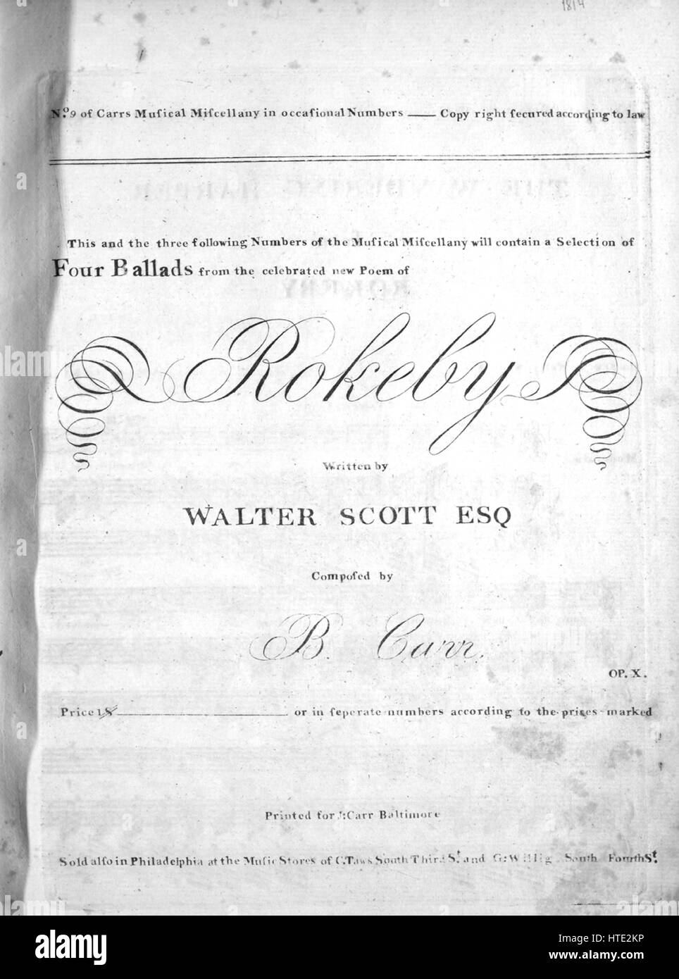 Sheet Music image de couverture de la chanson 'l'Errance Harper Titre de la série n° 9 du Florilège Musical Carrs occasionnels en chiffres', avec une œuvre originale à partir de la ballade "Lecture notes le célèbre poème de Rokeby nouvelles Écrit par Walter Scott, Esq ; composé par B Carr', United States, 1900. L'éditeur est répertorié comme "Carr's Music Store", la forme de composition trophique', 'est l'instrumentation est 'piano et voix", la première ligne se lit 'Summer eve n'est plus là et l'été passé, la rosée est la chute rapide', et l'illustration artiste est répertorié comme 'Aucun'. Banque D'Images