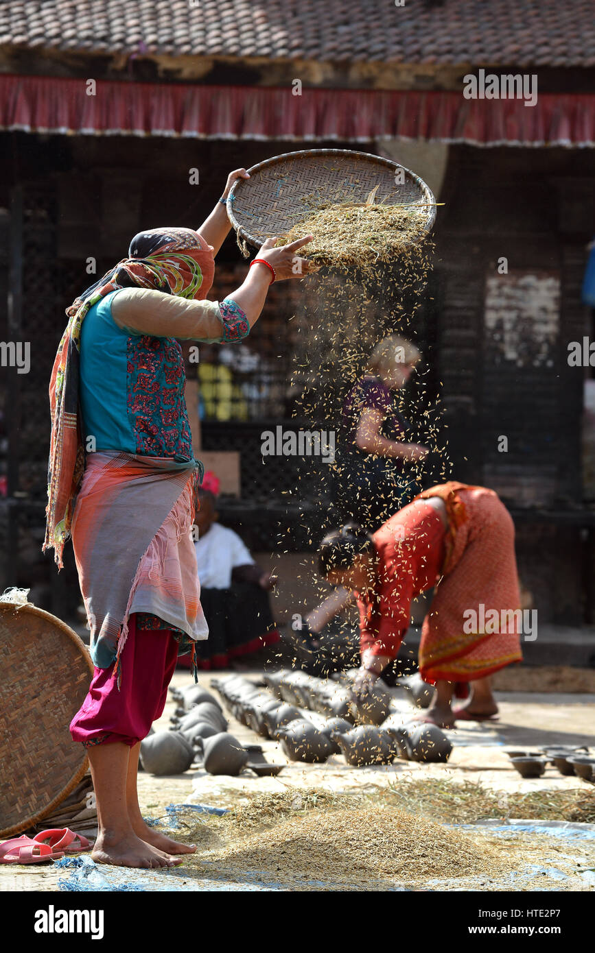 BHAKTAPUR, NÉPAL - le 10 octobre : une femme non identifiée le battage du grain en manière traditionnelle dans la place Pottery de Bhaktapur. La ville fait partie de l'UNESCO il Banque D'Images