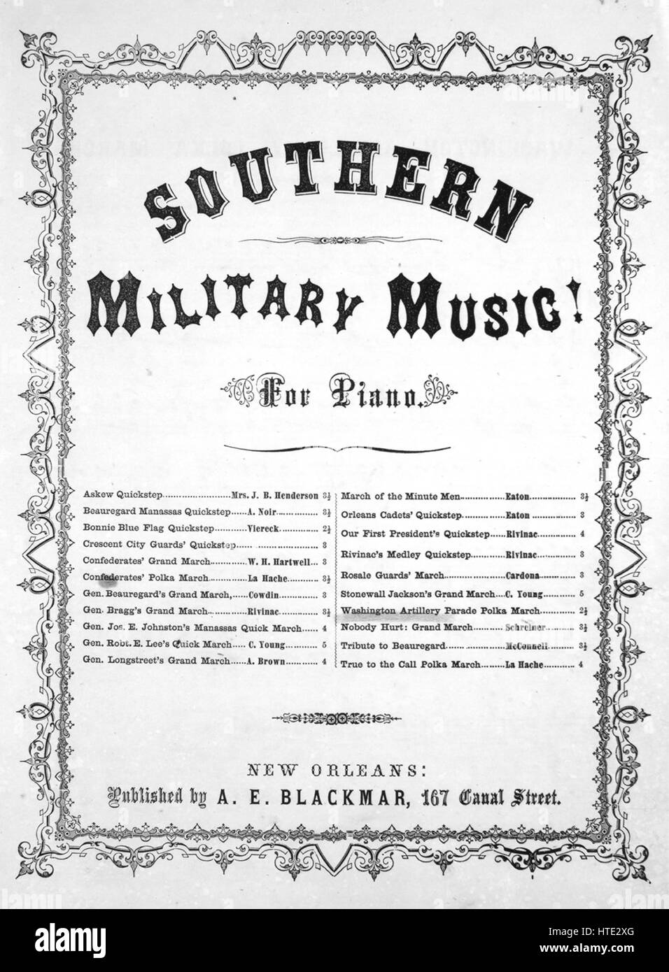 Image de couverture partitions de la chanson 'Southern Musique militaire ! Pour Piano Washington Artillery Polka Parade' Mars, avec l'auteur original "Lecture notes classées par Blackmar AE', 1863. L'éditeur est répertorié comme "A.E. Blackmar, 167 Canal Street', la forme de la composition est 'da capo', l'instrumentation est 'piano', la première ligne se lit 'Aucun', et l'illustration artiste est répertorié comme 'Aucun'. Banque D'Images
