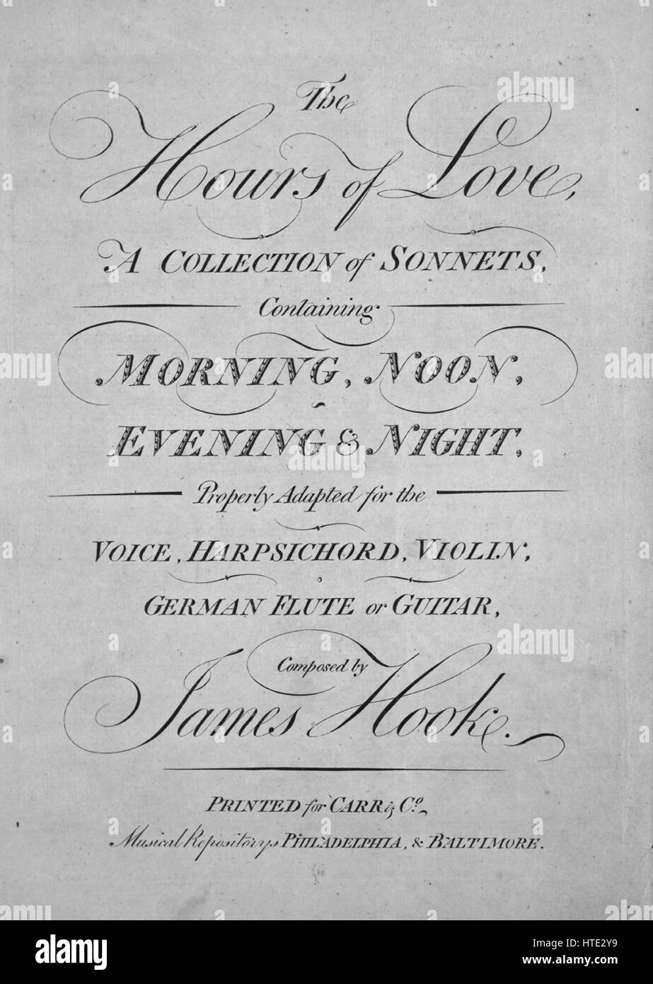 Image de couverture partitions de la chanson 'Sonnet JE [matin] titre de la série Les heures d'amour, un recueil de sonnets, contenant, matin, midi, soir et nuit bien adaptés pour la voix, clavecin, violon, flûte, guitare ou allemand, avec des notes de l'auteur original à lire 'composé par James Hook', United States, 1900. L'éditeur est répertorié comme "Carr et Co.', la forme de la composition est 'a b a', l'instrumentation est 'piano et voix, guitare ou flûte allemande', la première ligne se lit 'Viens, viens ma belle laissez-nous, errant et le goût sucré de la journée tôt', et l'illustration artiste est répertorié Banque D'Images