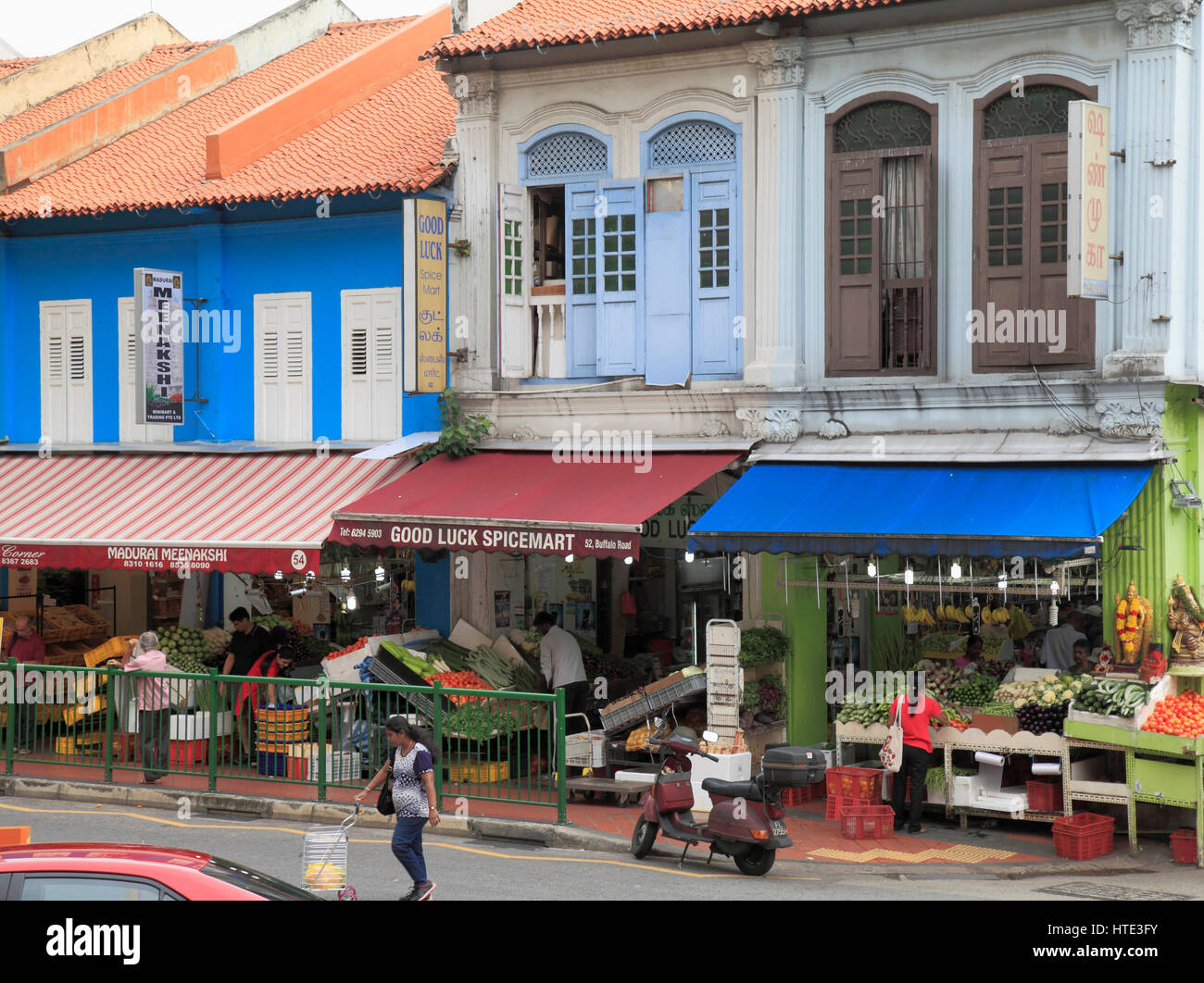 Singapour, Little India, Buffalo Road, scène de rue, boutiques, Banque D'Images