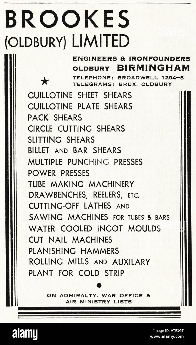 1940s ancienne publicité industrielle vintage originale de 1943 publicité Brookes (Oldbury) Limited Engineers & Ironfondateurs d'Oldbury Birmingham Angleterre Banque D'Images