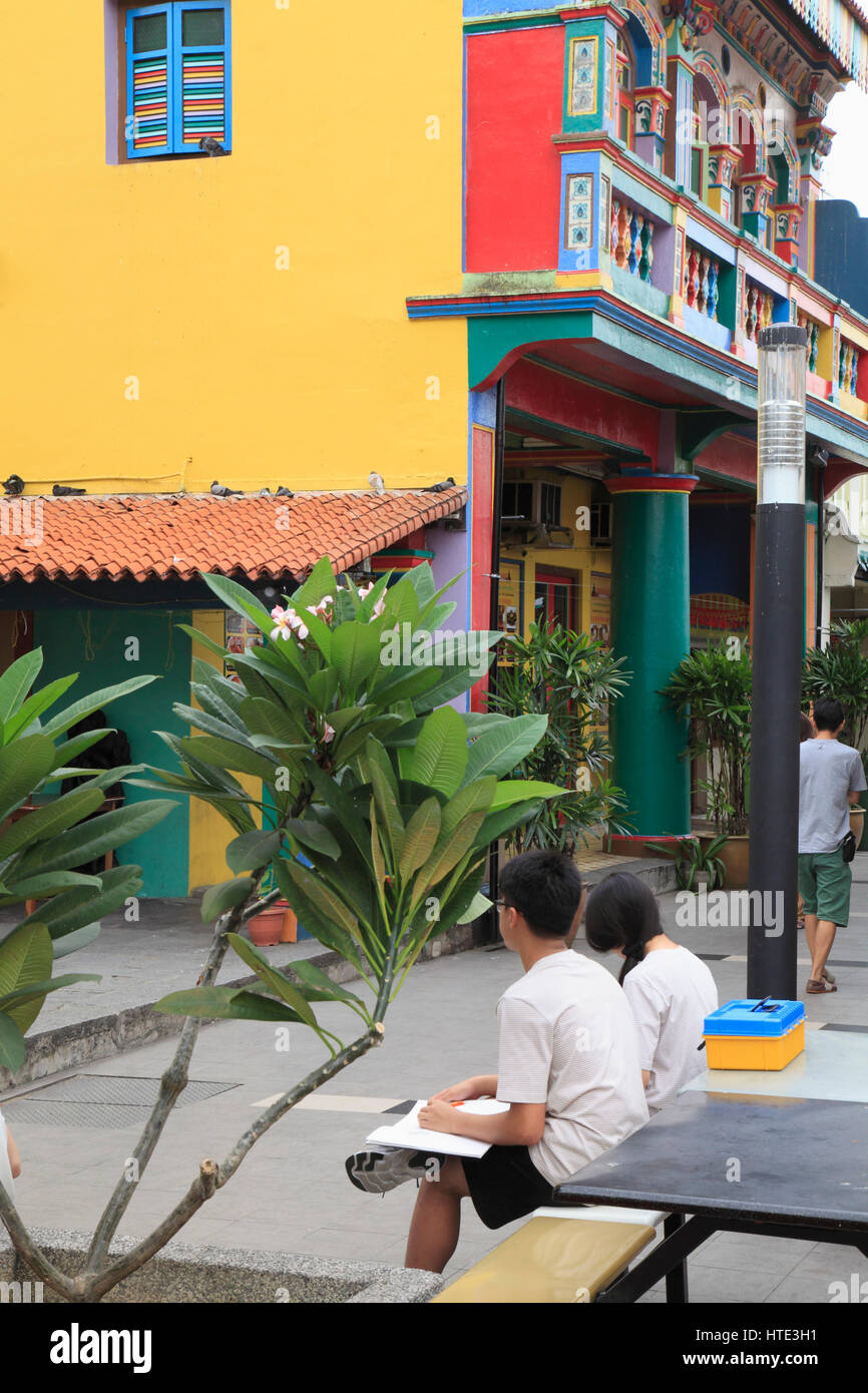 Singapour, Little India, Curbau Road, maison colorée, les gens, Banque D'Images