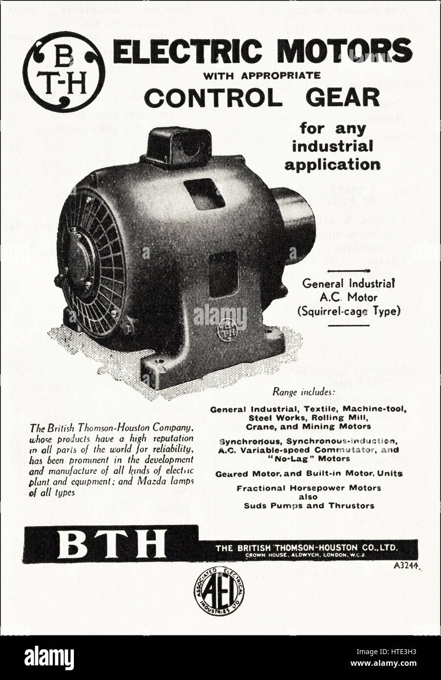 1940s ancienne publicité industrielle vintage originale datée de 1943 annonçant des moteurs électriques par BTH The British Thomson-Huston Co Ltd de Londres Angleterre Royaume-Uni Banque D'Images