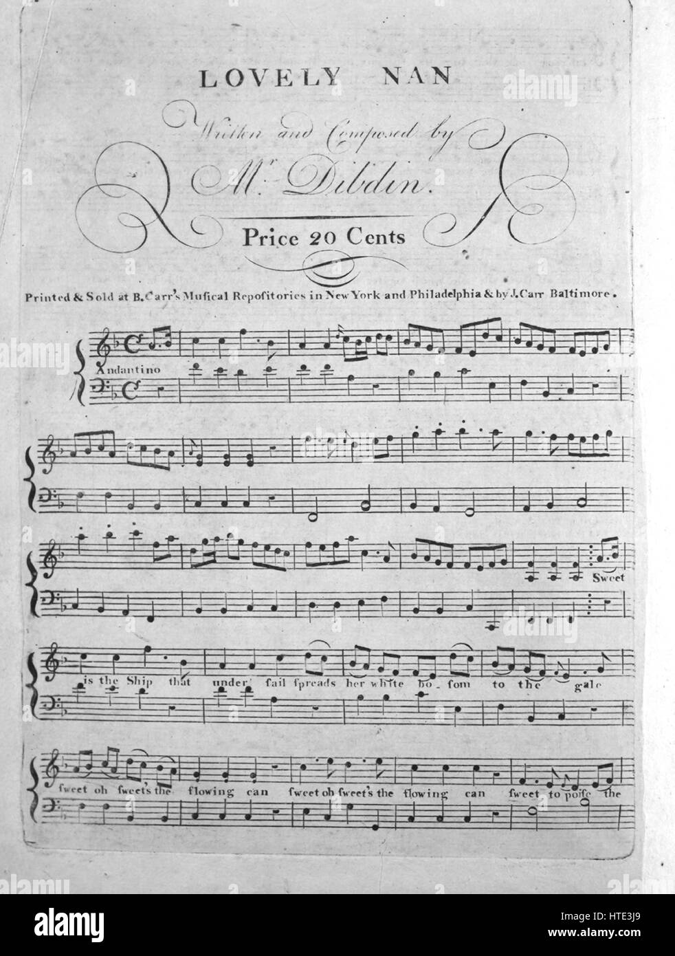 Sheet Music image de couverture de la chanson 'Belle Nan [à la main sur la  musique sur retour pour «maintenant est le temps de chanter et jouer,'  composé par Hook', avec l'auteur