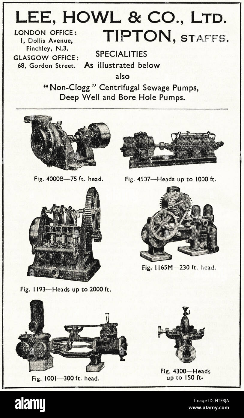 1940 old vintage original daté 1943 publicité industrielle pompes publicité par Lee Howl & Co Ltd de Tipton Staffordshire England UK Banque D'Images