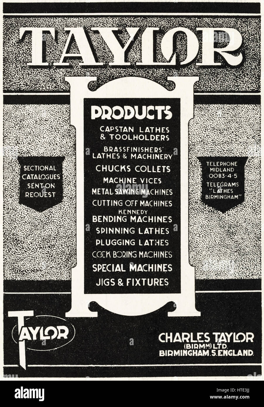 1940 ancien retro vintage original daté 1943 publicité industrielle machines pour l'industrie de la publicité par Charles Taylor ltd de Birmingham England uk Banque D'Images