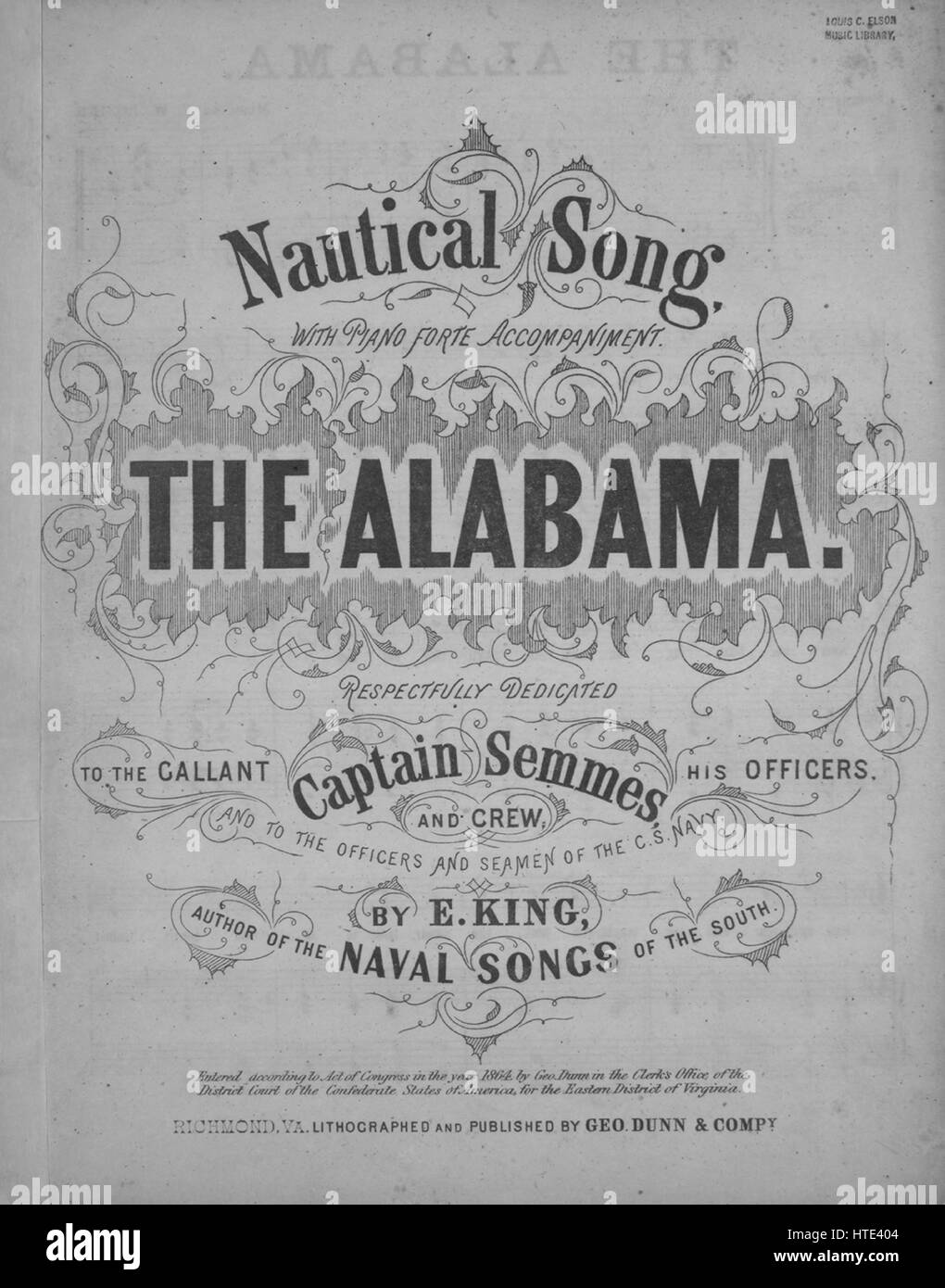 Sheet Music image de couverture de la chanson 'Chanson nautique, avec l'accompagnement piano-forte', avec une œuvre originale composée par "Lecture notes E King', 1900. L'éditeur est répertorié comme "lithographiés et publié par Geo. Dunn et Compy.', la forme de la composition est "avec chœur trophique', l'instrumentation est 'piano et voix", la première ligne se lit 'Le vent souffle off yon côte rocheuse, garçon ! Définissez vos voiles tous libres', et l'illustration artiste est répertorié comme 'Aucun'. Banque D'Images