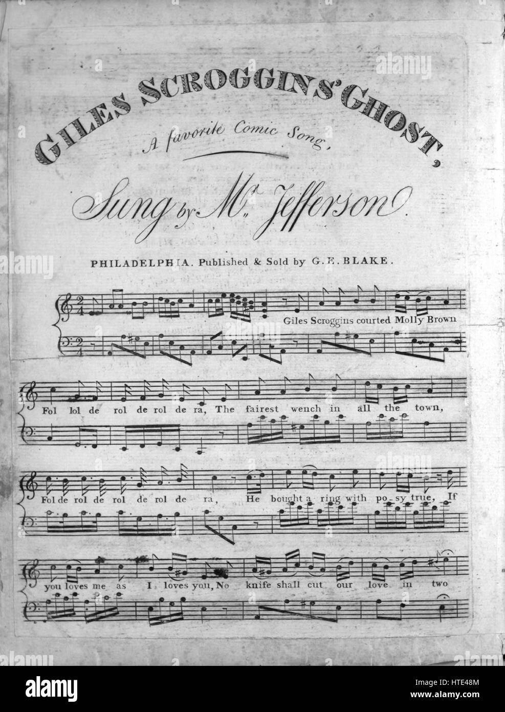 Sheet Music image de couverture de la chanson 'Giles Scroggins' Ghost une chanson comique favori', avec une œuvre originale lecture notes 'na', United States, 1900. L'éditeur est répertorié comme "G.E. Blake', la forme de la composition est "avec chœur trophique', l'instrumentation est 'piano et voix, flûte, clarinette, flûte', la première ligne se lit 'Giles Scroggins courtisé Molly Brown', et l'illustration artiste est répertorié comme 'Aucun'. Banque D'Images