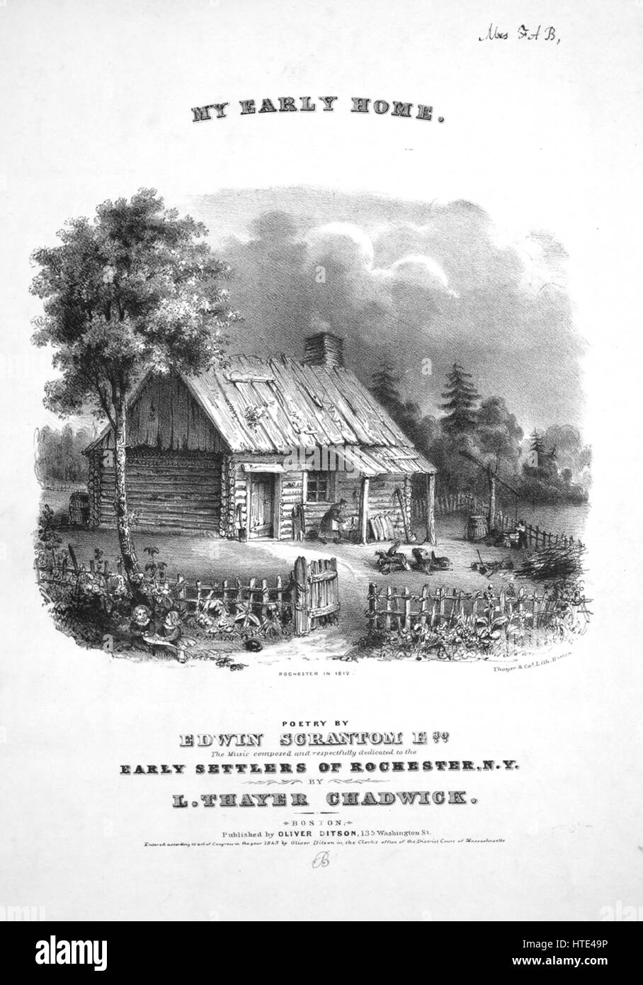 Sheet Music image de couverture de la chanson 'My Début Home', avec une œuvre originale 'Lecture notes Poèmes par Edwin Scrantom, Esq ; Musique composée par l Thayer Chadwick', United States, 1843. L'éditeur est répertorié comme 'Oliver Ditson, 135 Washington St.', la forme de la composition est "avec chœur trophique', l'instrumentation est 'voix et piano', la première ligne se lit 'Retour sur la piste de temps brumeux', et l'illustration artiste est répertorié comme "Thayer et Cos. Lith. Boston'. Banque D'Images