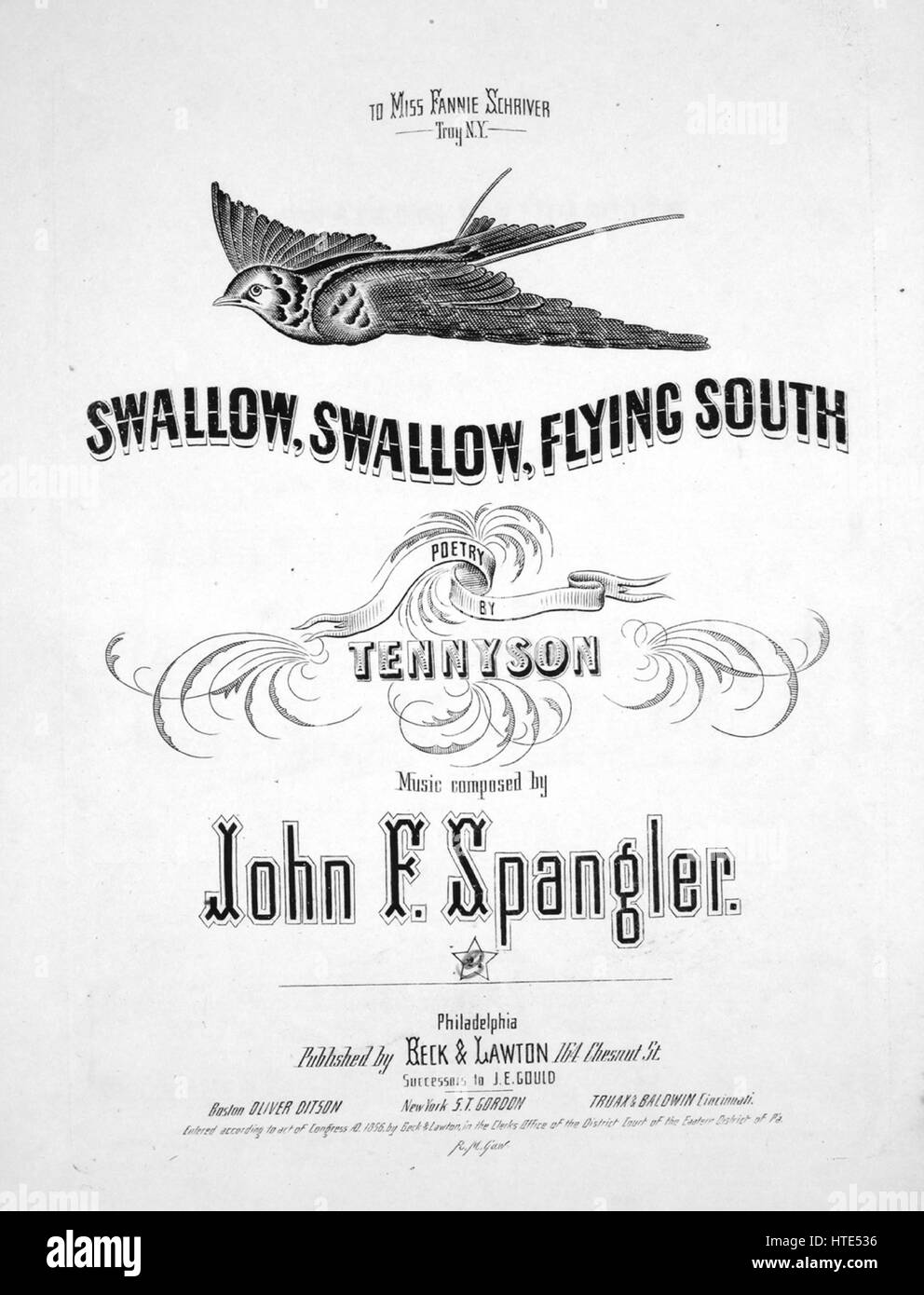 Image de couverture partitions de la chanson 'Swallow, avaler, Slying Sud',  avec une œuvre originale lecture notes 'Poèmes par [Alfred] Tennyson  Musique composée par John F Spangler', United States, 1856. L'éditeur est