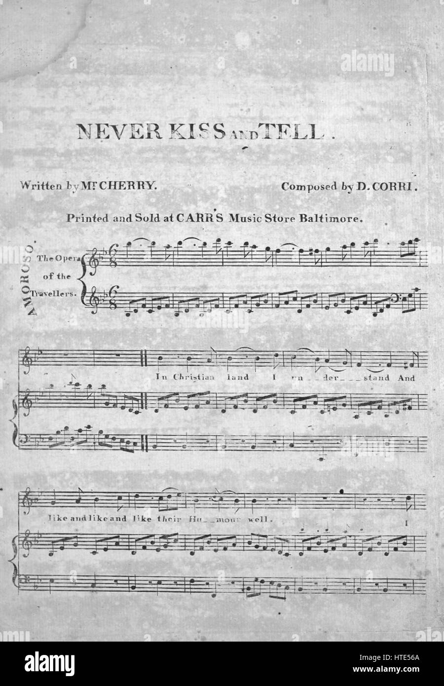 Sheet Music image de couverture de la chanson 'Ne jamais baiser et faire connaître, avec des notes de l'auteur original à lire 'écrit par M. Cherry composé par D Corri', United States, 1900. L'éditeur est répertorié comme "Carr's Music Store", la forme de la composition est "avec chœur trophique', l'instrumentation est 'piano et voix", la première ligne se lit "En terre chrétienne je comprends et comme et comme et comme leur humour bien', et l'illustration artiste est répertorié comme 'Aucun'. Banque D'Images