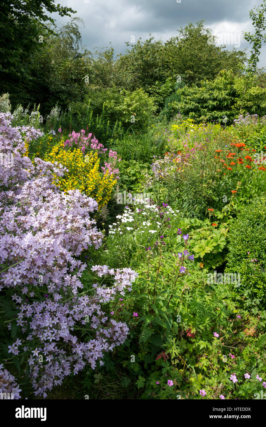 Frontières coloré de fleurs dans un jardin de style. La plantation mixte d'arbustes et vivaces en pleine croissance, la mi-juillet. Banque D'Images
