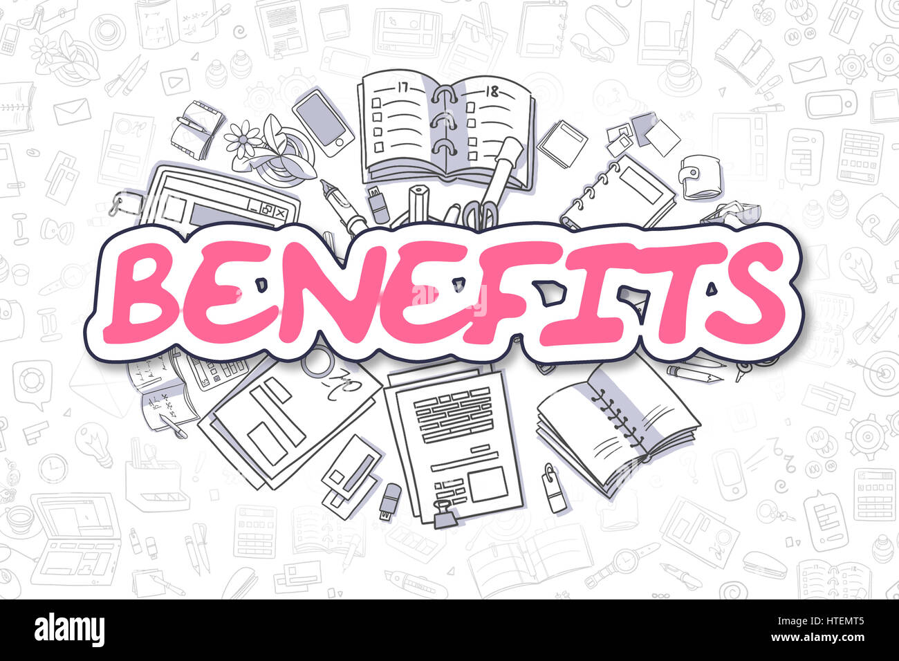 Illustration de Doodle Avantages Inscription Magenta et de papeterie, entouré de caricature d'icônes. Concept d'affaires pour des bannières Web et des documents imprimés Banque D'Images