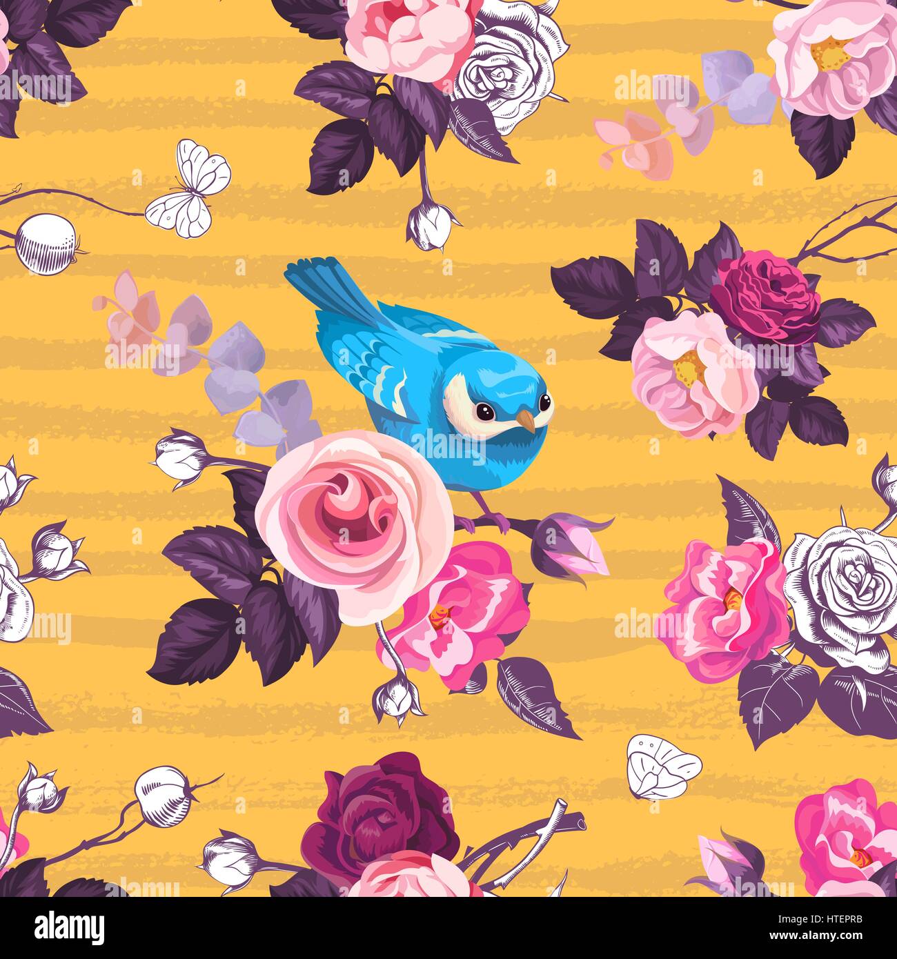 Beau modèle transparent avec des fleurs rose rose et petit oiseau bleu contre fond orange avec des rayures horizontales grungy. Vector illustration pour l'impression textile, papier d'emballage, carte de vœux. Illustration de Vecteur
