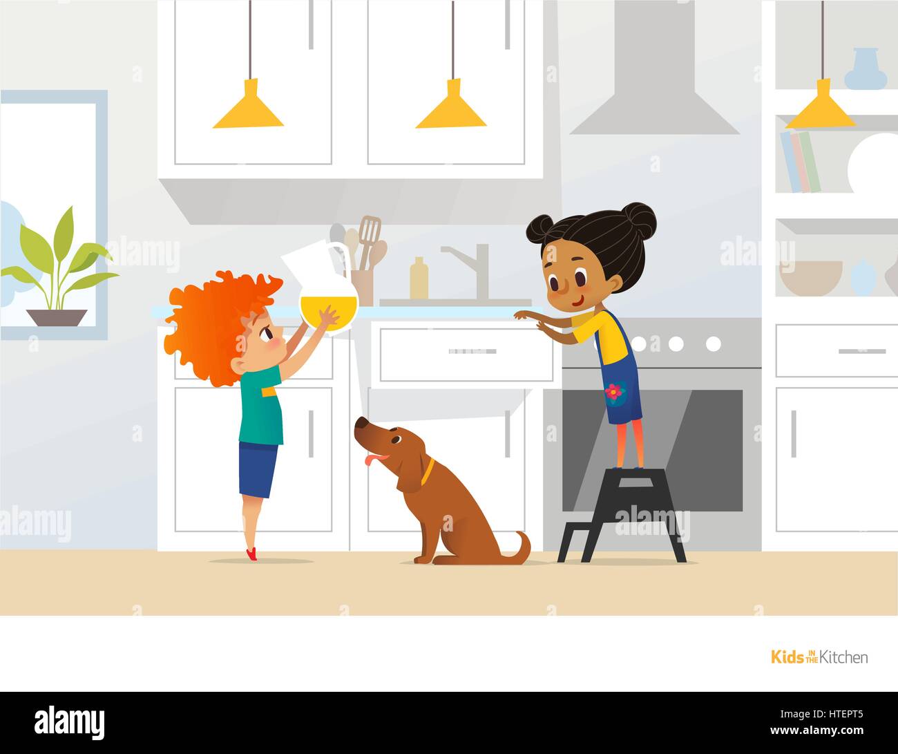 Les enfants de la cuisson des aliments dans la cuisine. Red Head boy holding baseball avec boisson, fille en tablier, debout par cuisinière et mignon chien de compagnie. La maison seul concept. Vector illustration pour l'affiche, site web, carte postale. Illustration de Vecteur