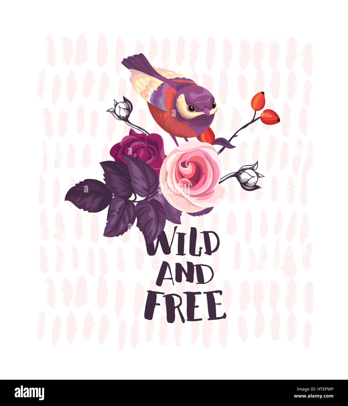 Petit oiseau posé sur le dessus de bush avec roses sauvages et sauvage et libre expression écrite avec police calligraphique contre fond rose. Fleur d'été. Vector illustration pour la carte postale, t-shirt print. Illustration de Vecteur