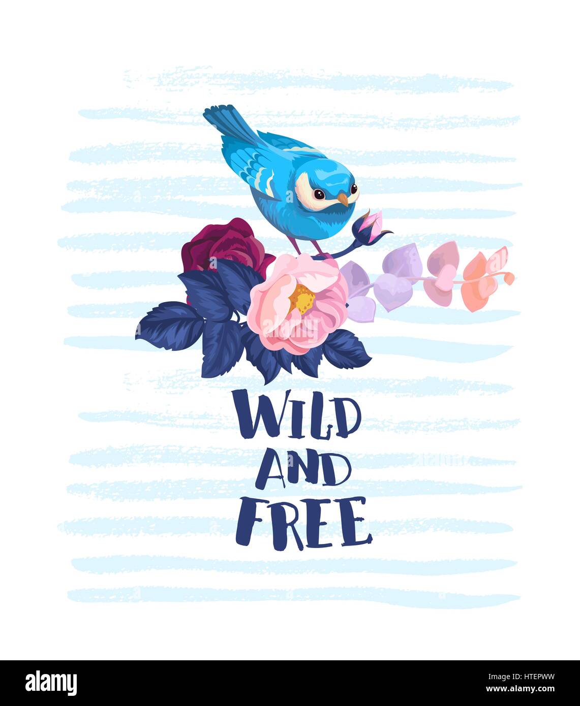 Un élégant bouquet de fleurs rose rose, joli petit oiseau posé sur le dessus et le côté sauvage et libre expression de lettrage. Élément décoratif floral magnifique. Vector illustration pour poster, t-shirt print. Illustration de Vecteur