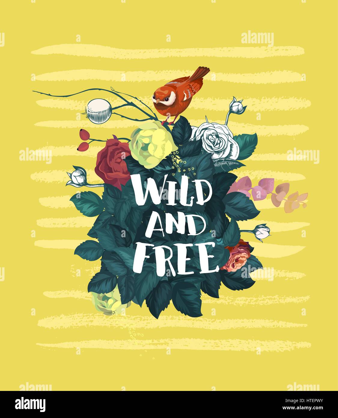 Petit oiseau posé sur le dessus de bush avec roses sauvages et sauvage et libre expression écrite avec police calligraphique contre fond jaune. Fleur d'été. Vector illustration pour la carte postale, t-shirt print. Illustration de Vecteur