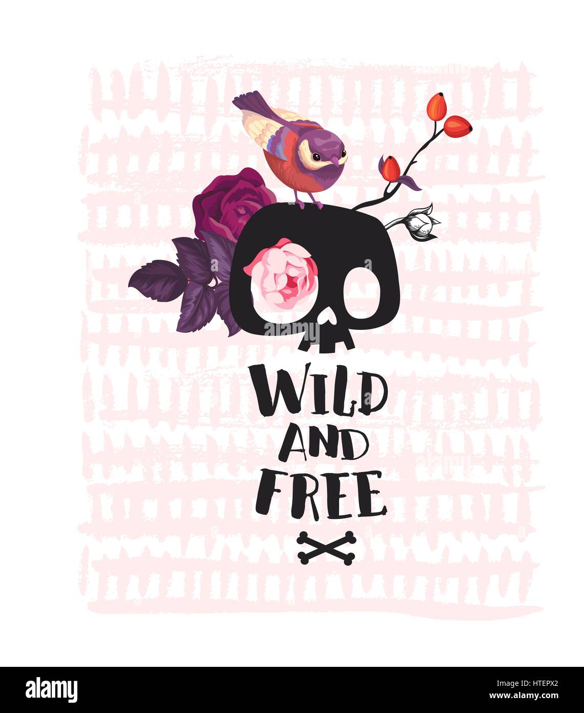 Joli oiseau posé sur cartoon crâne humain, bouquet de fleurs rose et texte manuscrit sauvage et libre contre fond blanc avec rayures de peinture rose. Vector illustration pour la carte postale, invitation. Illustration de Vecteur