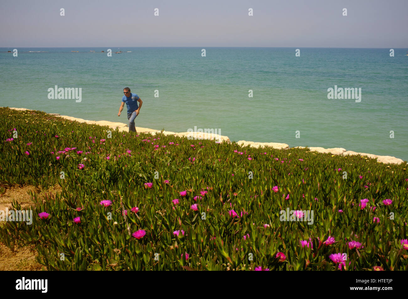 Homme marchant sur la plage principale. Tel Aviv, Israël. Banque D'Images