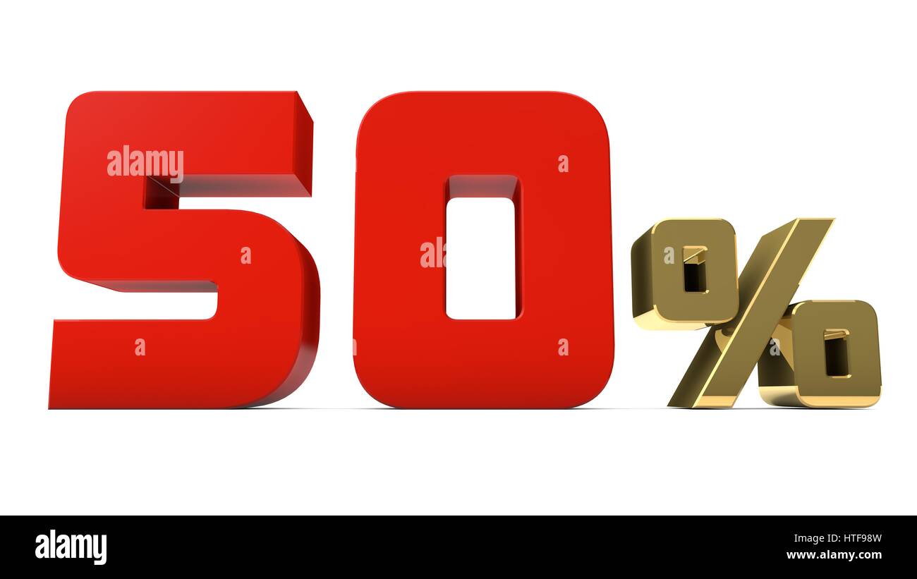 50 % pour cent du texte rouge et or isolated on white 3D render Banque D'Images