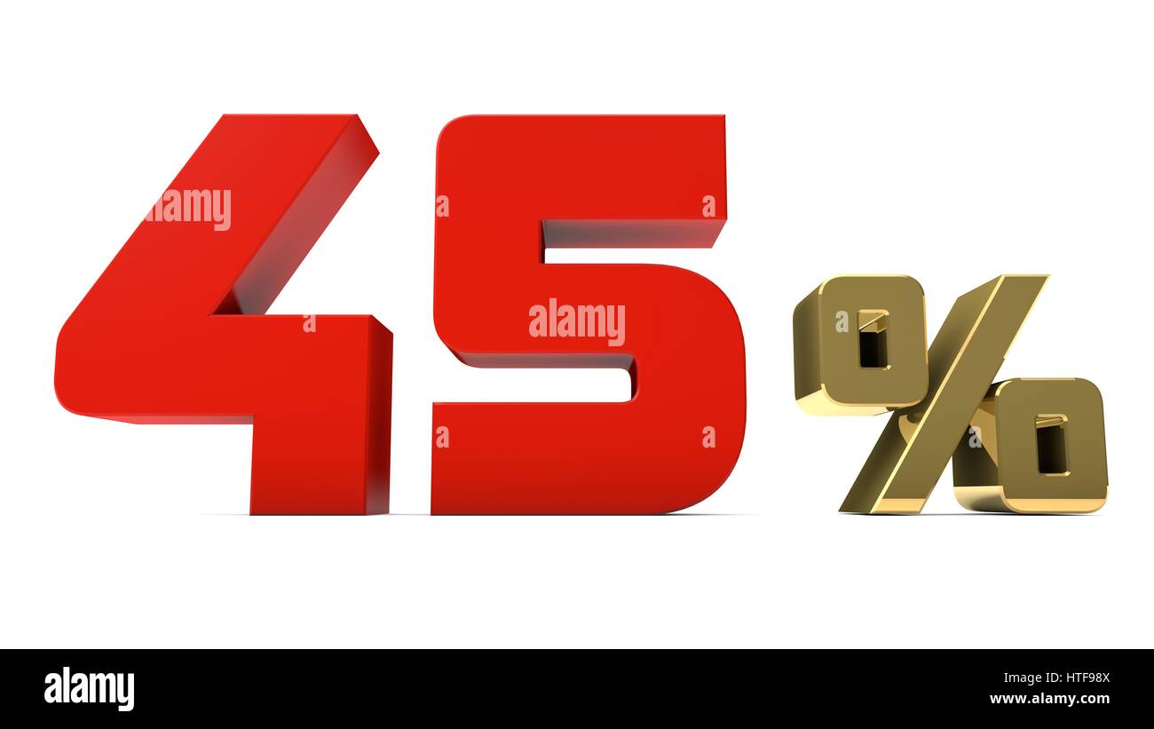 45 % pour cent du texte rouge et or isolated on white 3D render Banque D'Images