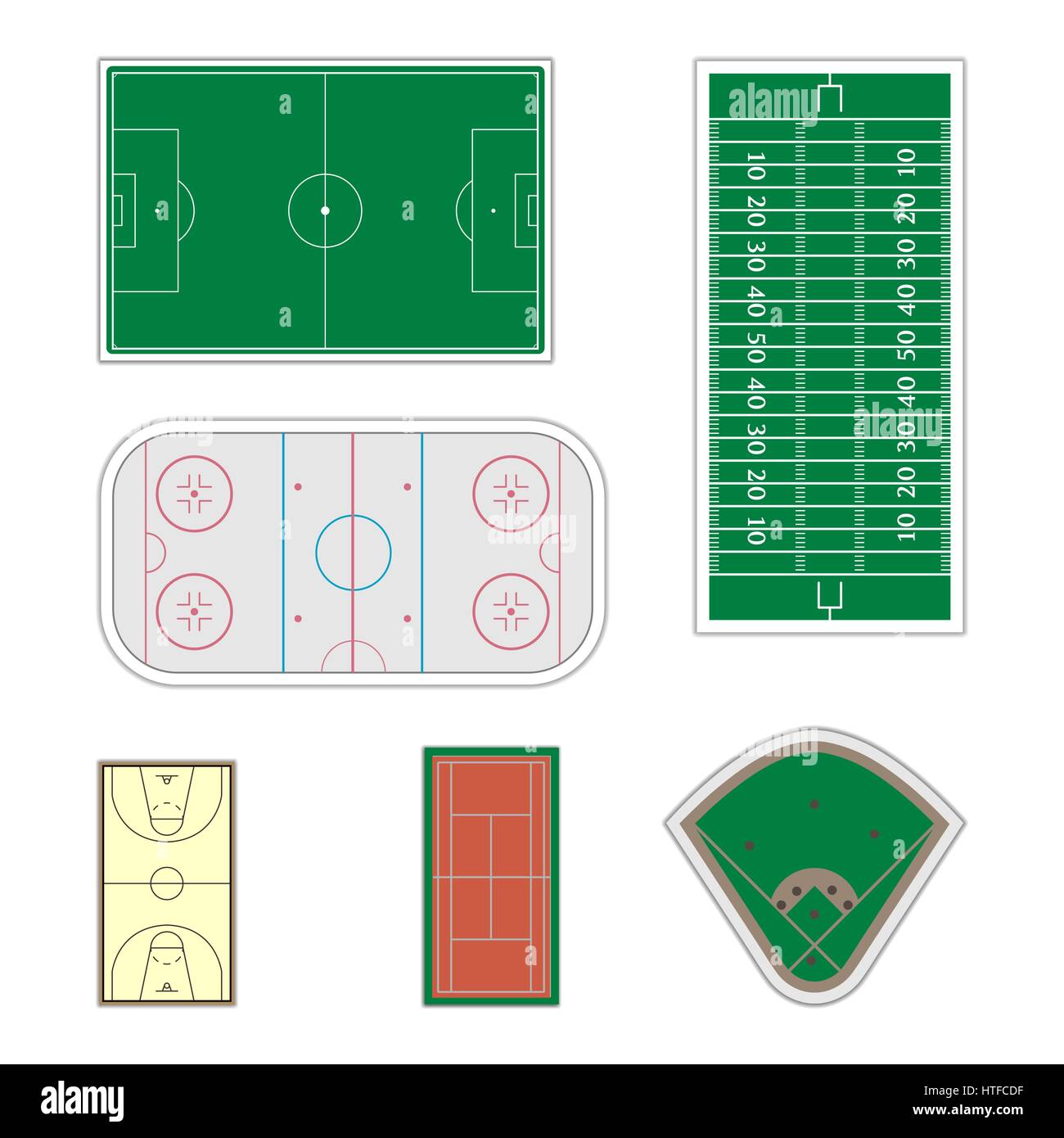 Un ensemble de champs avec les marques pour jouer au hockey, tennis, baseball, basket-ball et football vector illustration. Illustration de Vecteur