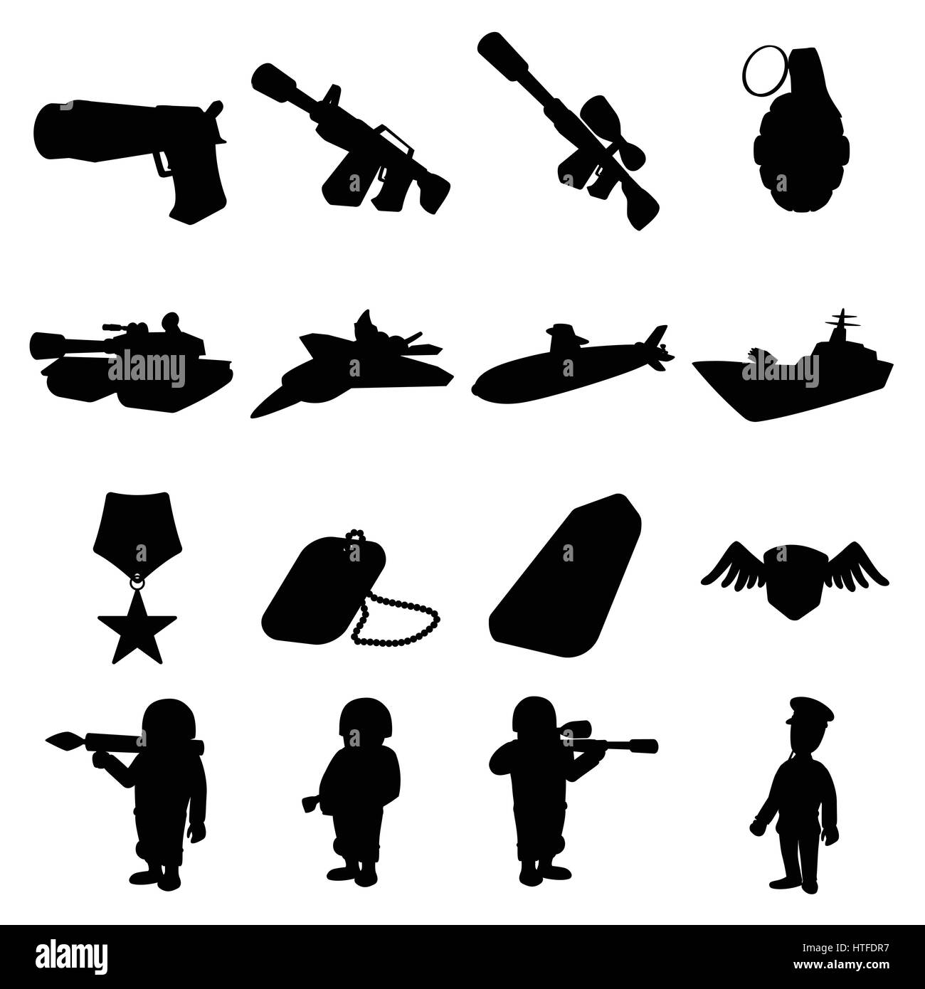 La guerre militaire et silhouettes icons set Illustration de Vecteur