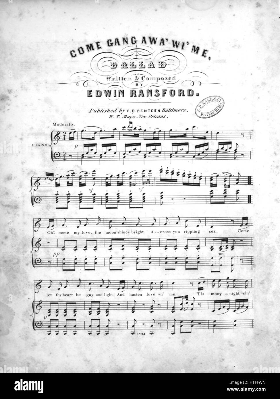 Sheet Music image de couverture de la chanson 'Gang' Awa Wi' me, Ballad',  avec l'auteur original "Lecture notes écrites et composées par Edwin  Ransford', United States, 1900. L'éditeur est répertorié comme "F.D.