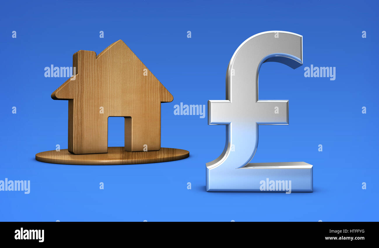 Symbole de la livre sterling et l'icône d'accueil de la valeur des biens immobiliers au Royaume-Uni et les prix du marché maison concept 3D illustration. Banque D'Images